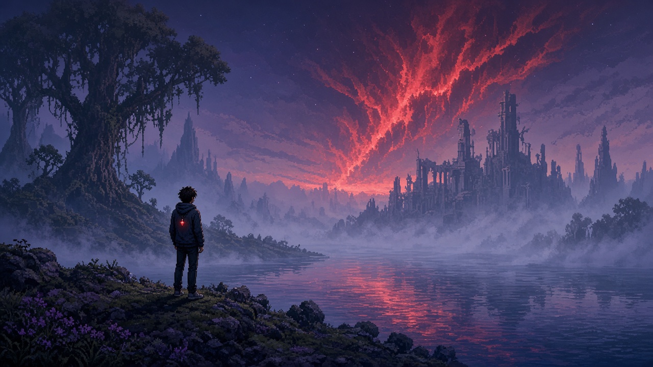 A lone figure standing at the edge of a mist-covered lake beneath a torn red glow in the sky, in detailed pixel art.